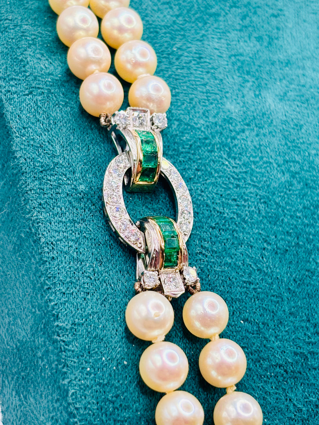 Exceptional Mid-Century Double-Strand Akoya Pearl Necklace 18K Gold Emeralds and Diamonds