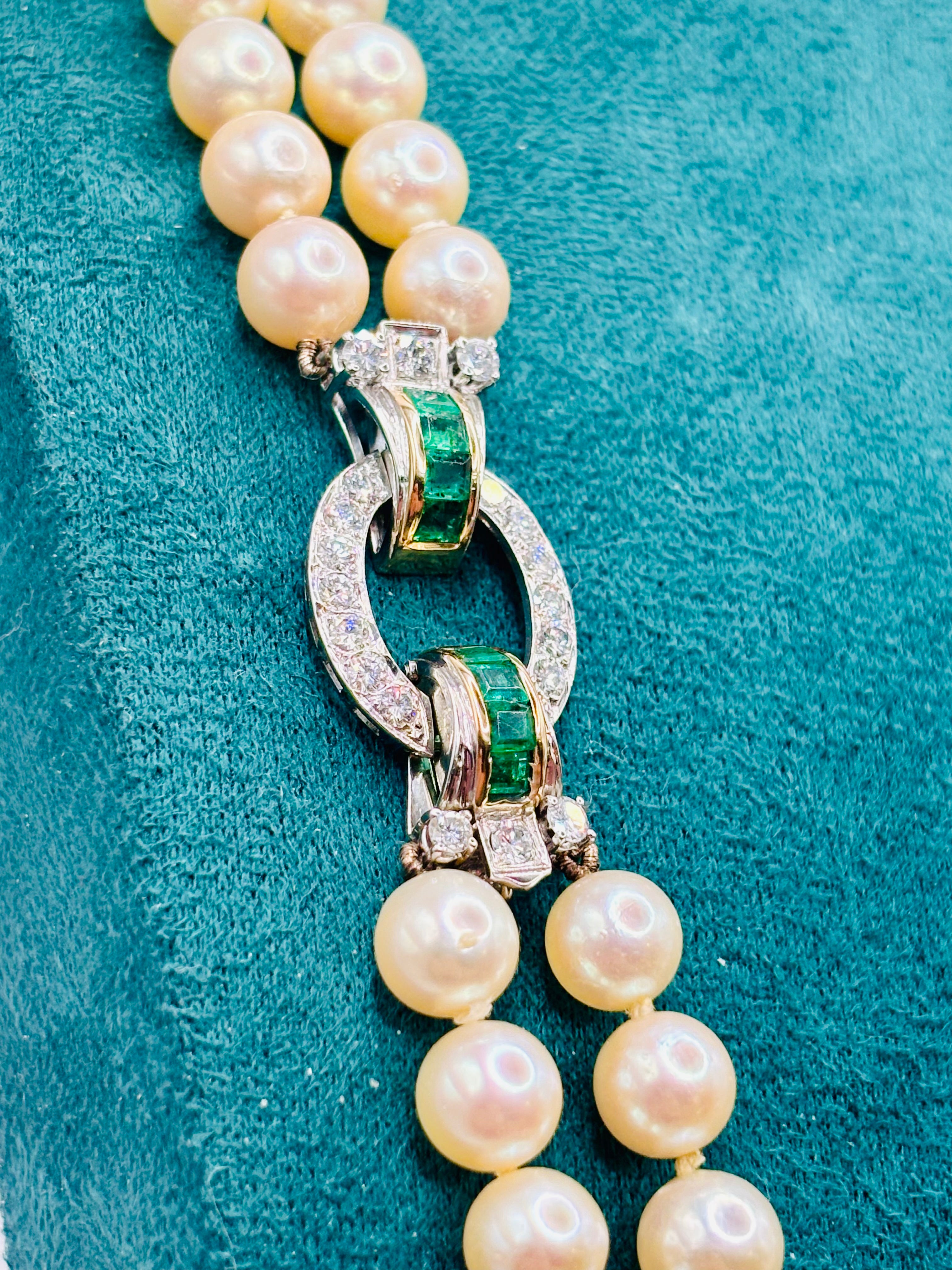 Exceptional Mid-Century Double-Strand Akoya Pearl Necklace 18K Gold Emeralds and Diamonds