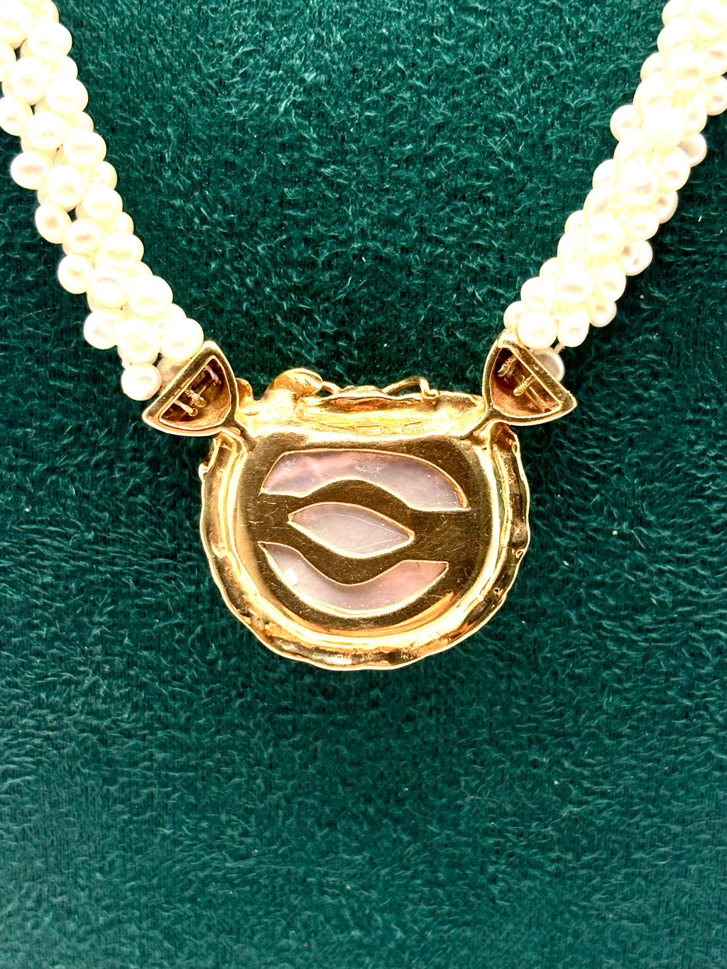 Pearl Necklace with Gold Multi-Strand Freshwater Pearls Large Mother of Pearl Gold Mounted Pendant