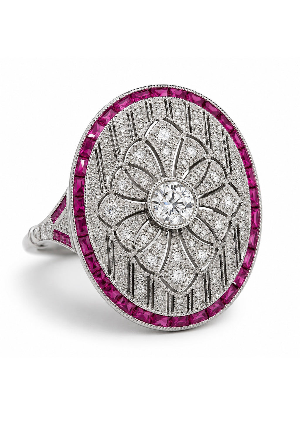 Art Deco Style Platinum Diamond, Calibre Ruby Plaque Ring, Old European Diamond 0.57 carats - overall diamond carat weight 2.07