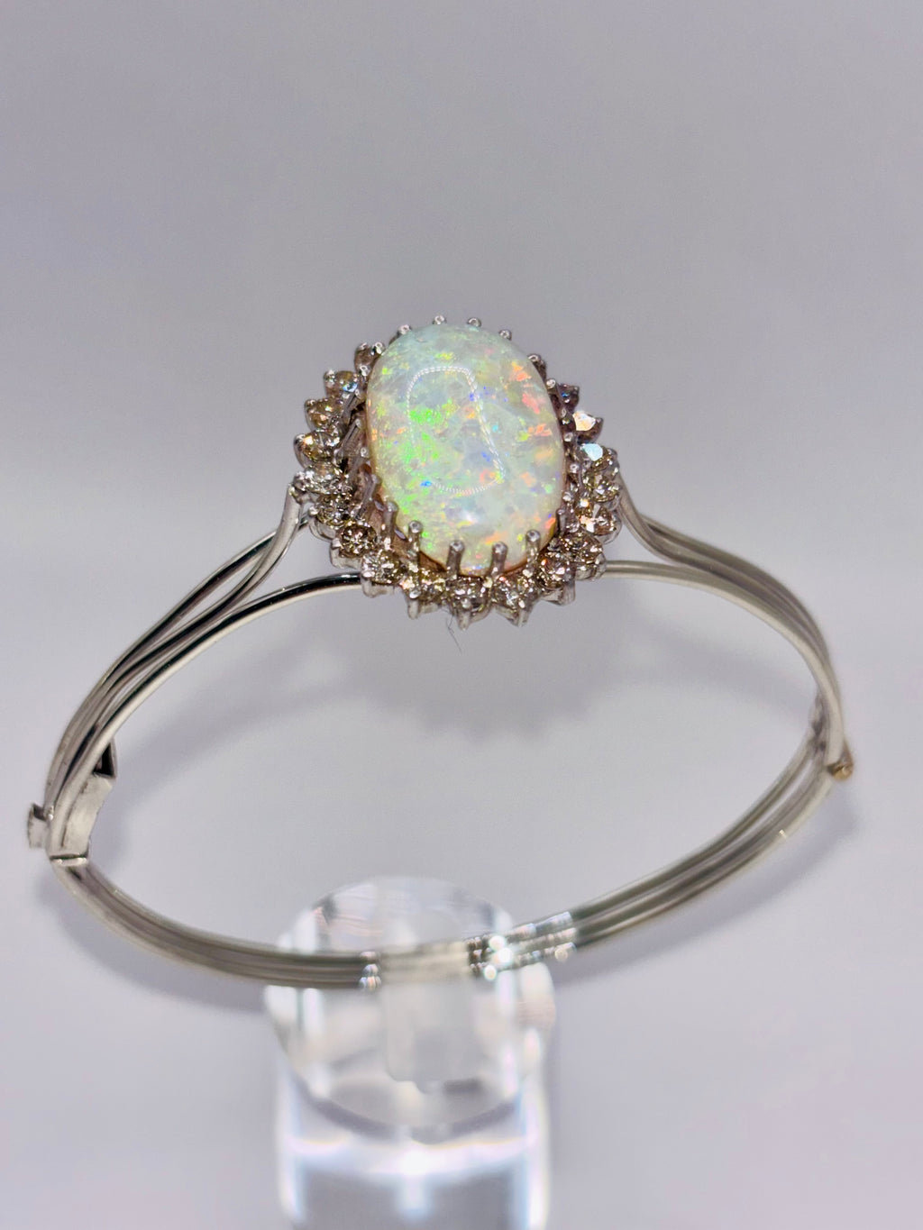 Vintage Opal Bangle 9.63 Carat Opal, 1.8 Carat Diamond 14K White Gold