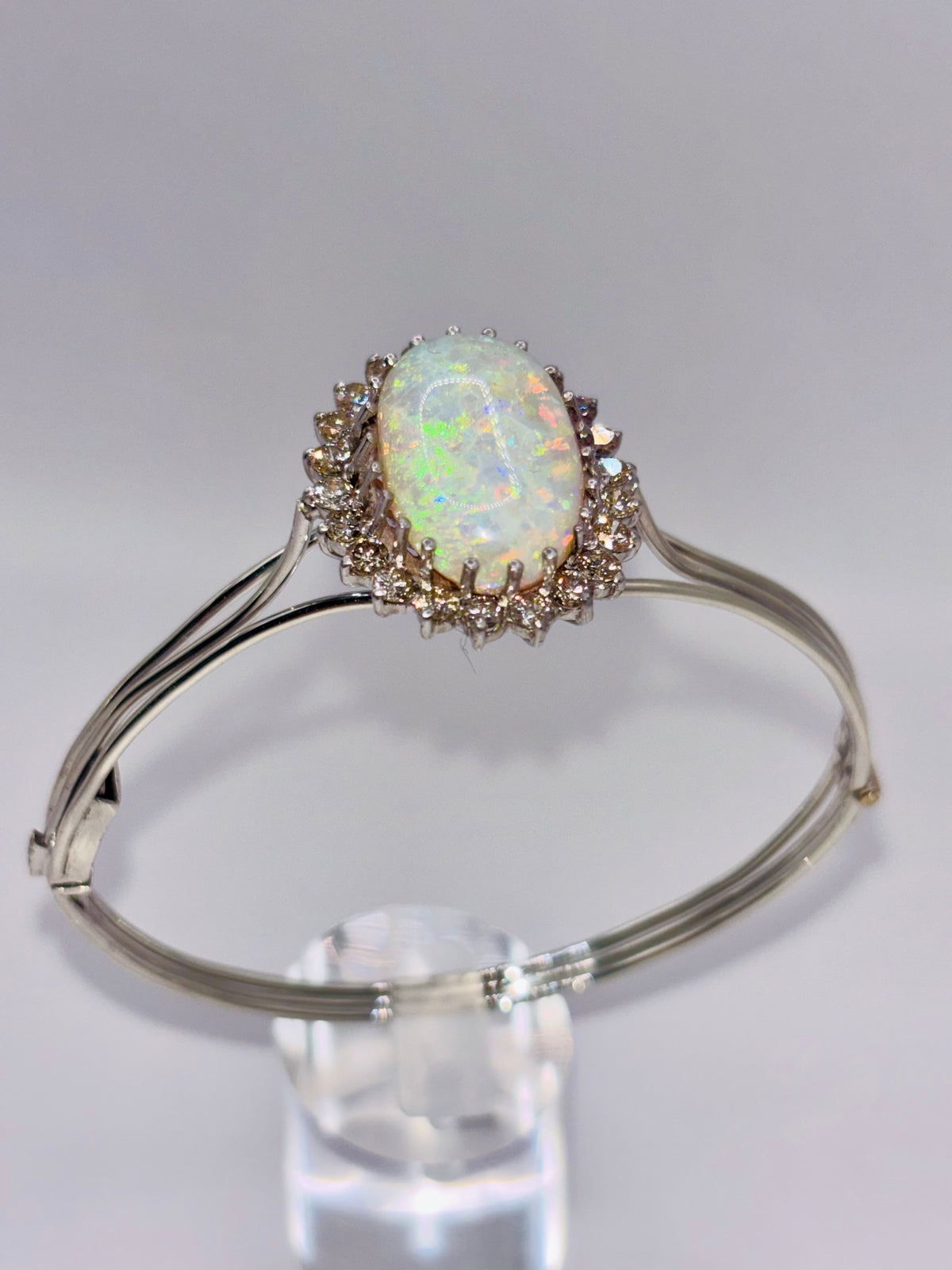Vintage Opal Bangle 9.63 Carat Opal, 1.8 Carat Diamond 14K White Gold