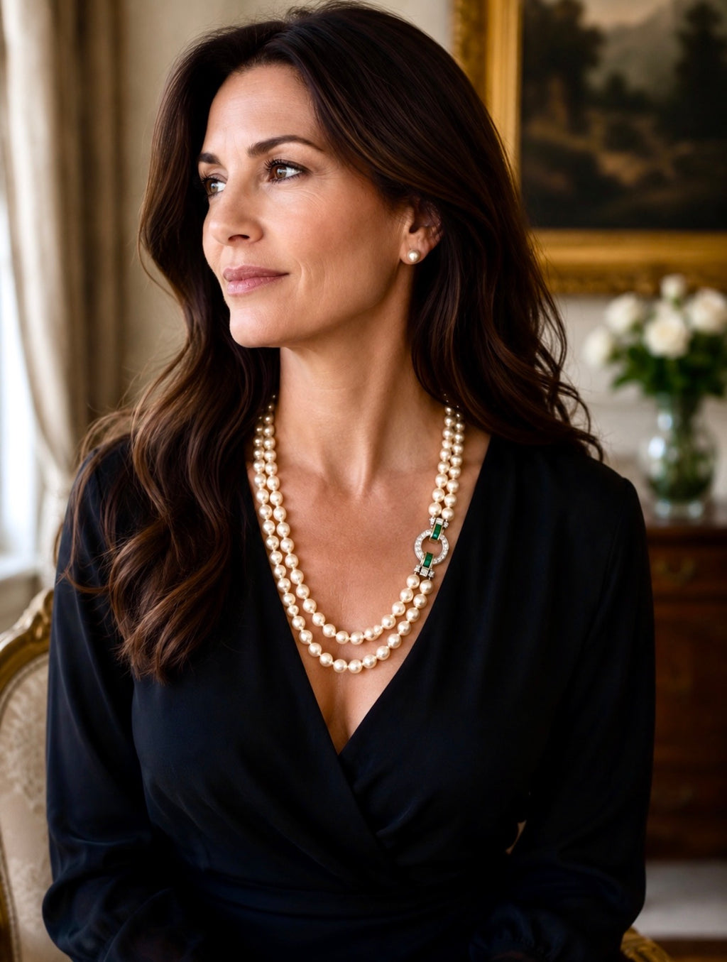 Exceptional Mid-Century Double-Strand Akoya Pearl Necklace 18K Gold Emeralds and Diamonds