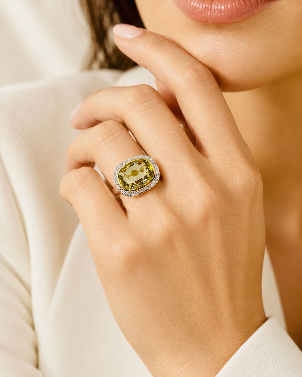 Impressive Large Oval Citrine and Diamond White Gold Cocktail Ring