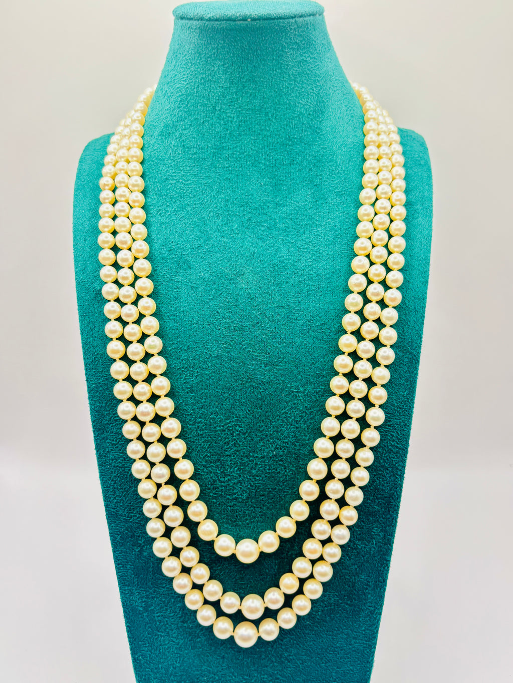 Three-Strand Japanese Akoya Pearl Necklace Late Victorian Diamond & Chrysoprase