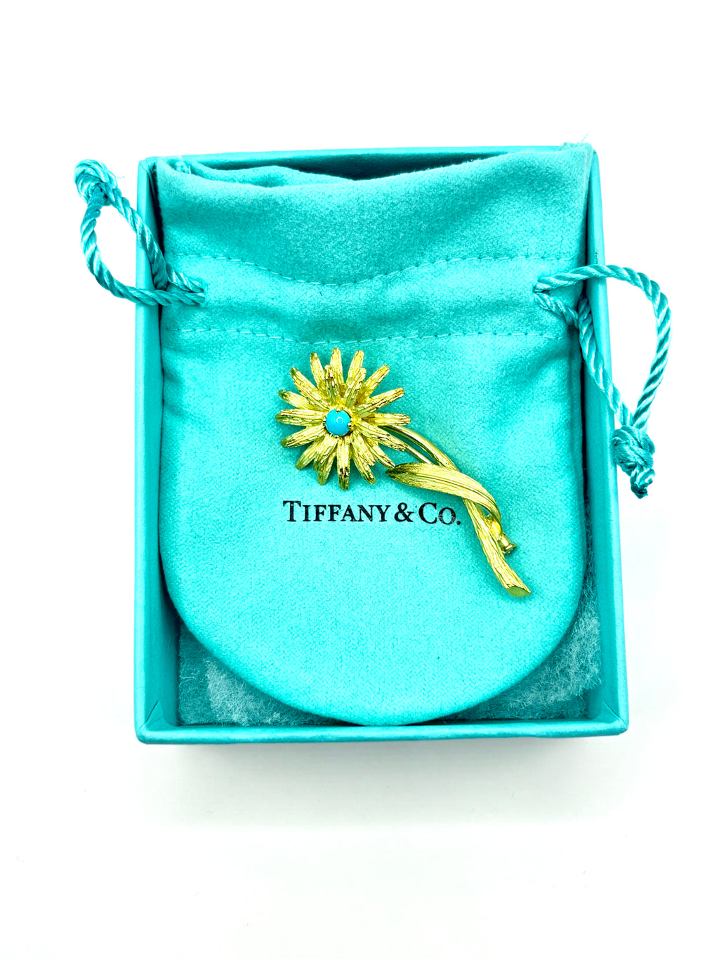 Vintage Tiffany & Co. France Turquoise Flower Brooch in Textured 18K Gold, 1960