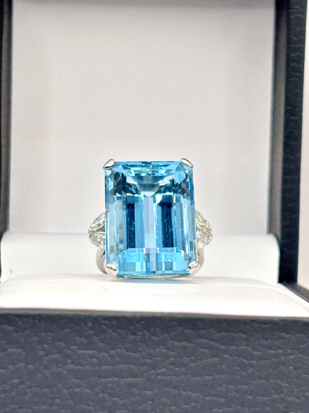 Impressive Large Aquamarine Cocktail Ring, 30 Carats, Art Deco style and 0.80 Marquise Diamonds in 18k White Gold