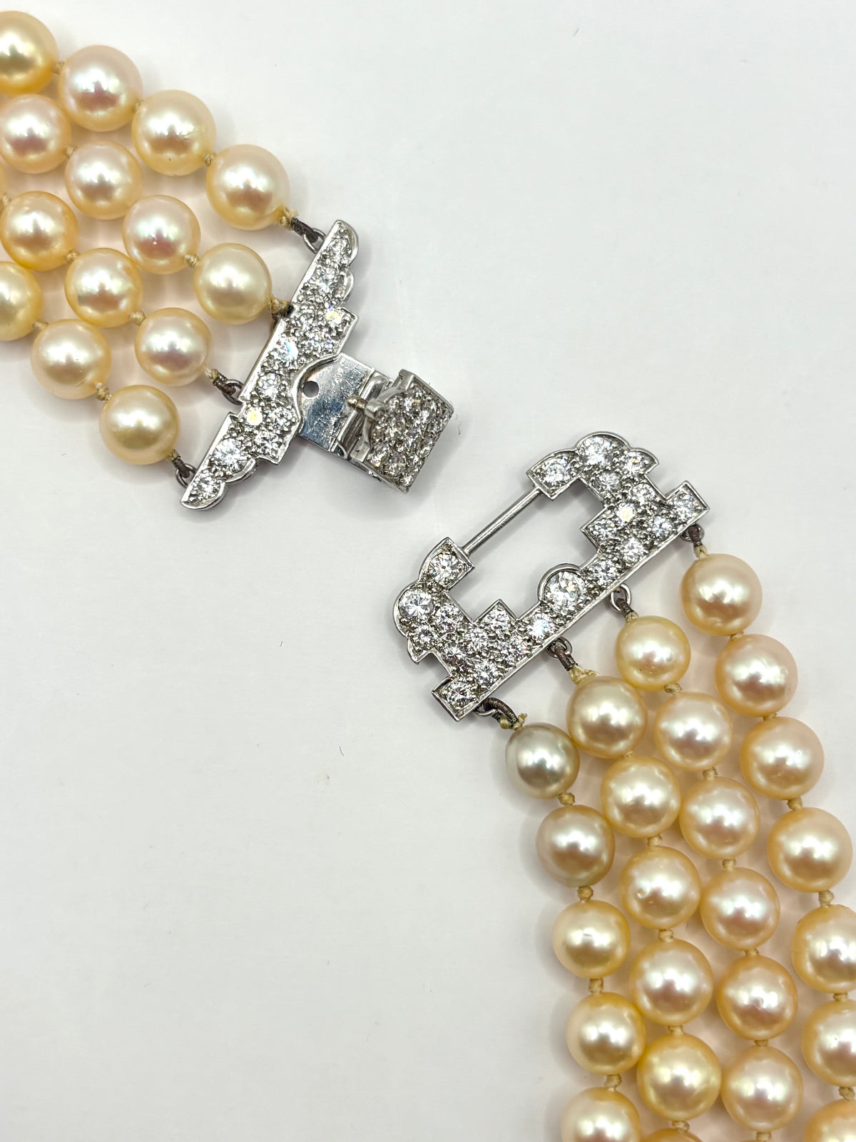 Long Vintage Four-Strand Akoya Pearl Necklace Art Deco Diamonds & Platinum Clasp 1950’s