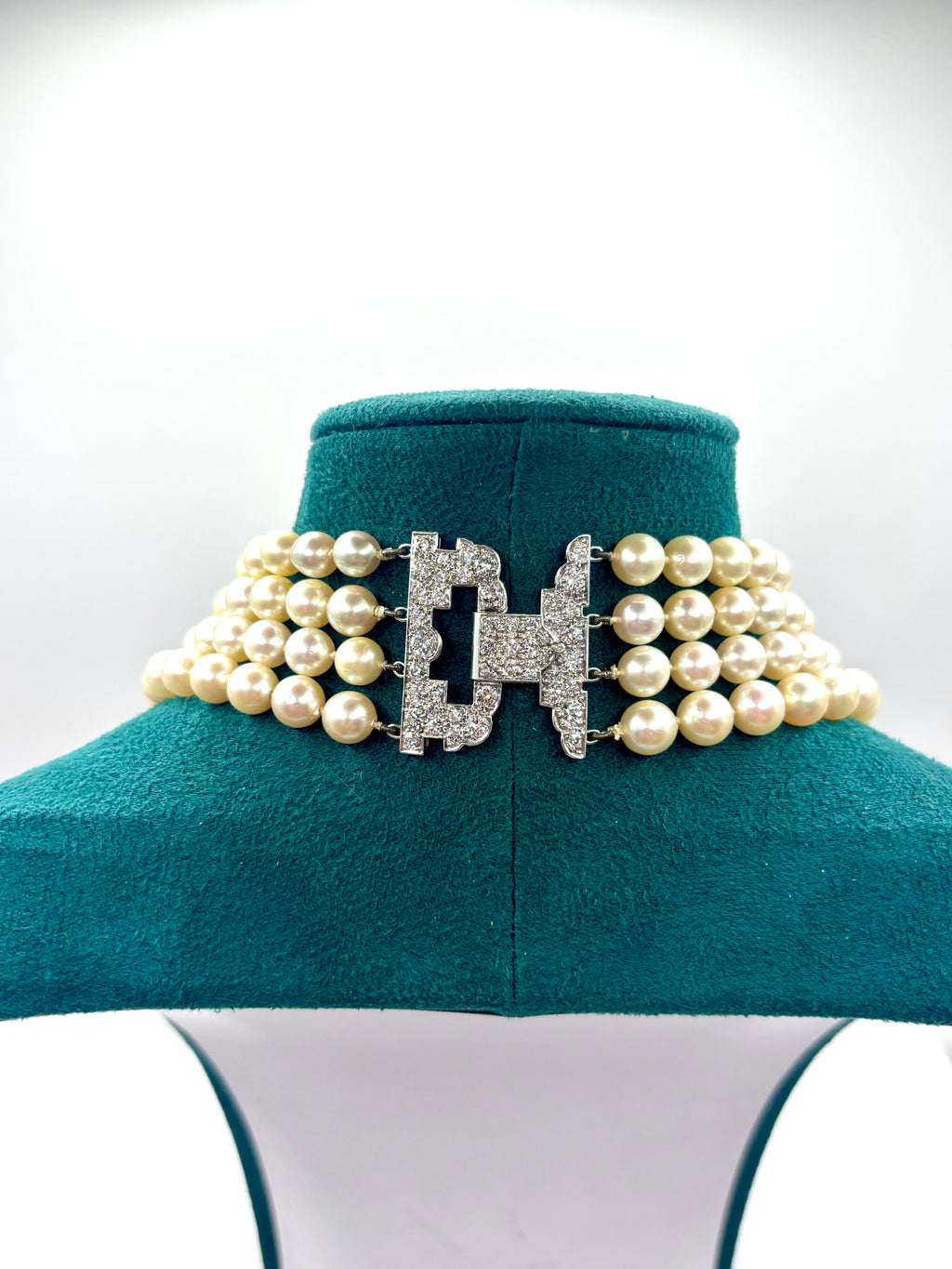 Long Vintage Four-Strand Akoya Pearl Necklace Art Deco Diamonds & Platinum Clasp 1950’s