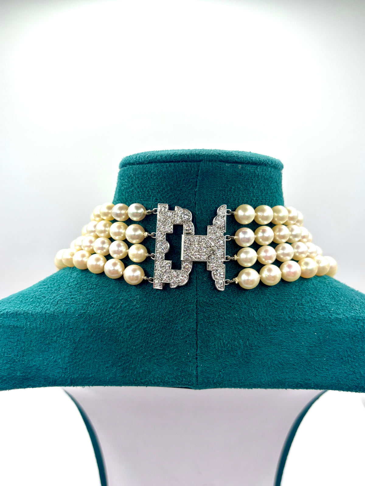 Long Vintage Four-Strand Akoya Pearl Necklace Art Deco Diamonds & Platinum Clasp 1950’s
