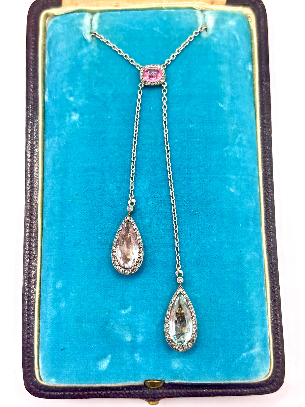 Antique French Edwardian Aquamarine, Pink Tourmaline, Morganite Diamond Negligee Necklace