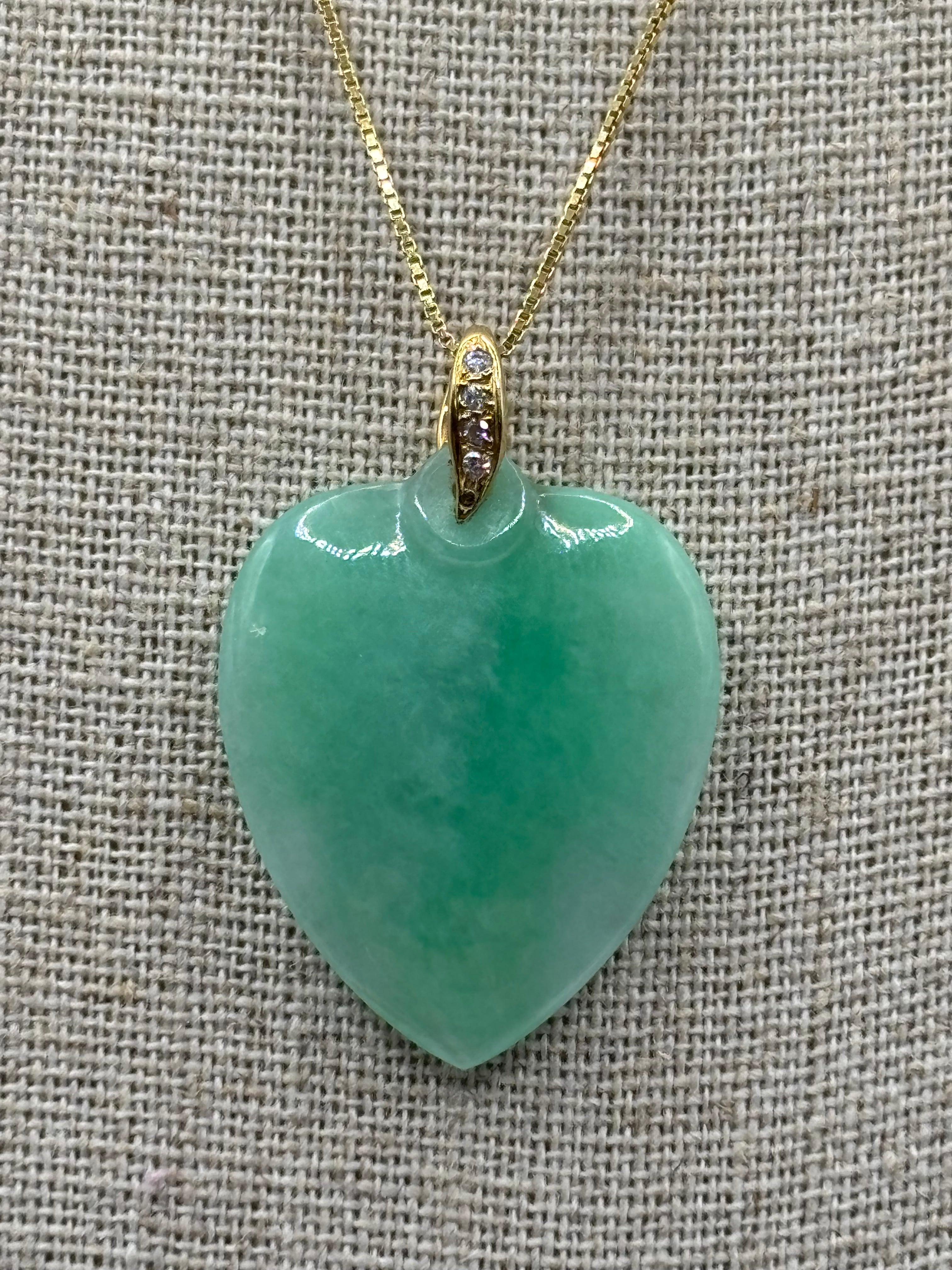 Natural Untreated Jadeite Jade Heart Pendant Diamonds 14K Gold GCS Certified