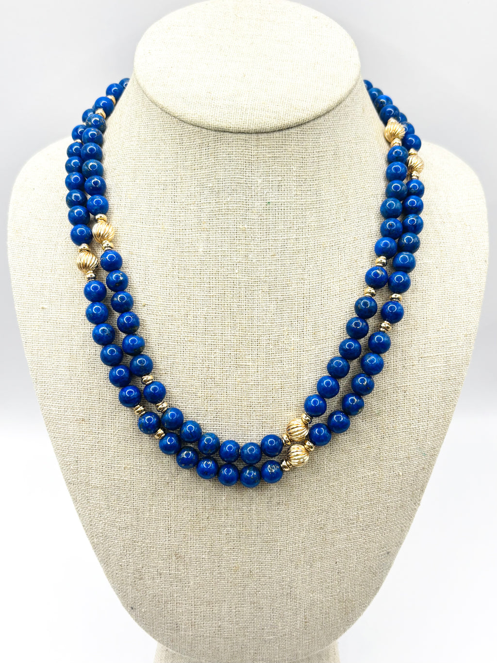 1980s Long Vintage Lapis Lazuli Bead Necklace 9 Carat Gold Fluted Spacers 100cm