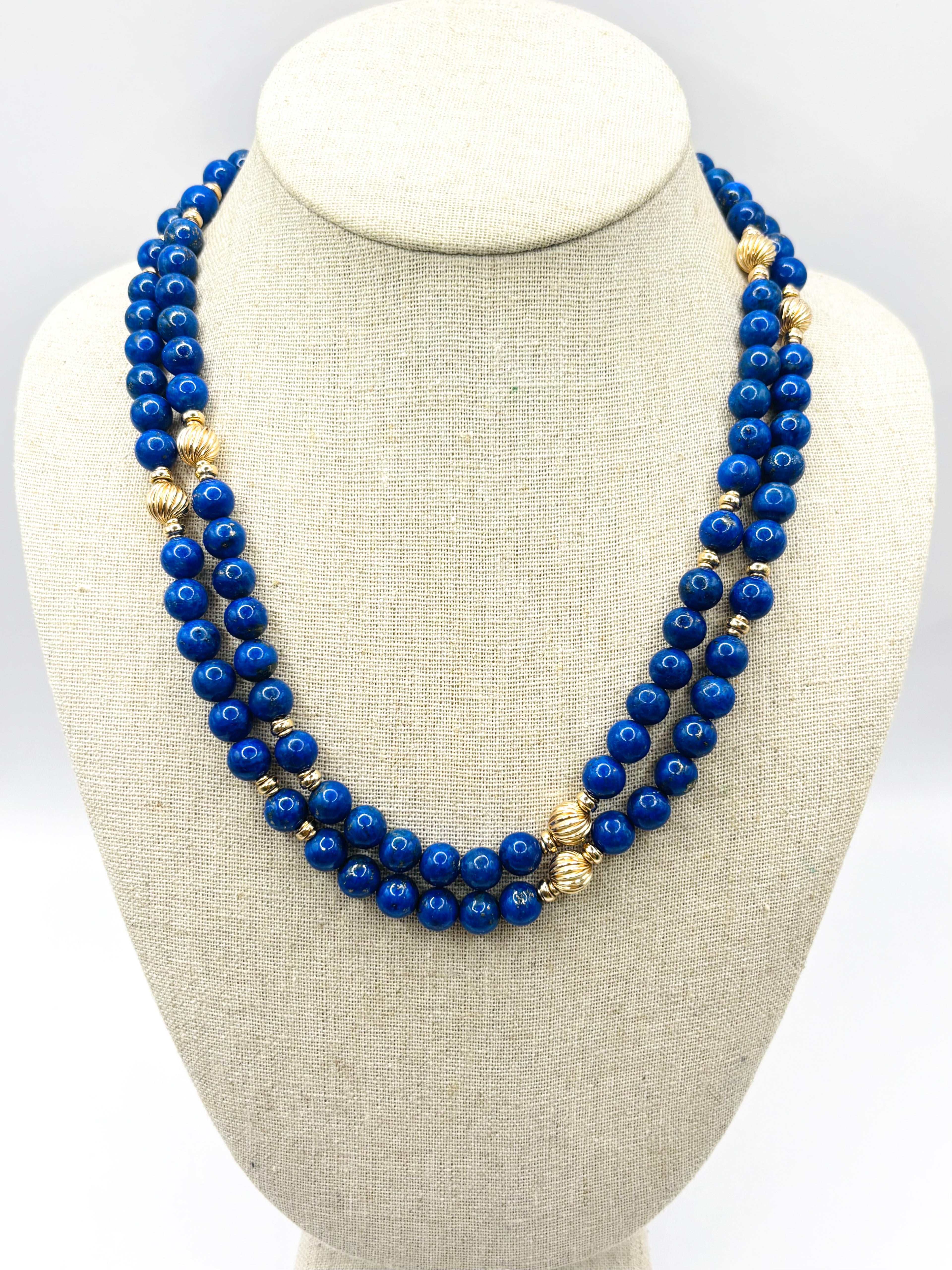 1980s Long Vintage Lapis Lazuli Bead Necklace 9 Carat Gold Fluted Spacers 100cm