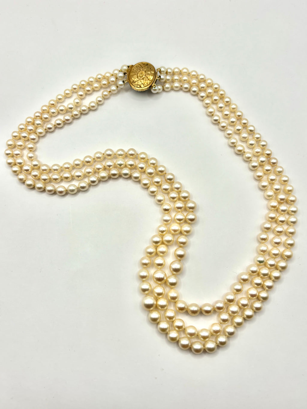 Three-Strand Japanese Akoya Pearl Necklace Late Victorian Diamond & Chrysoprase