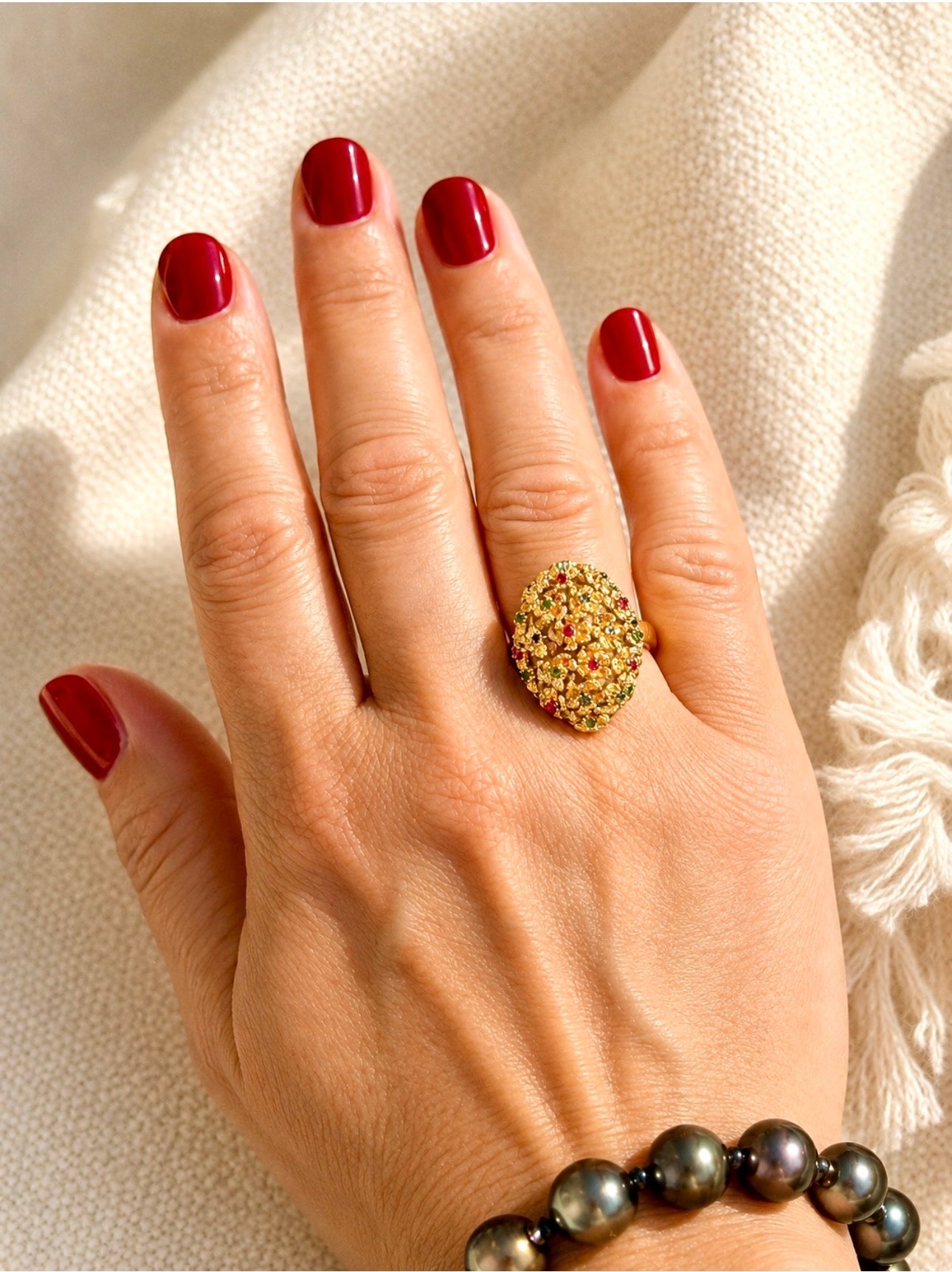 Vintage 18 Karat Gold 21 Flower Ruby Sapphire Emerald Sculptural Ring