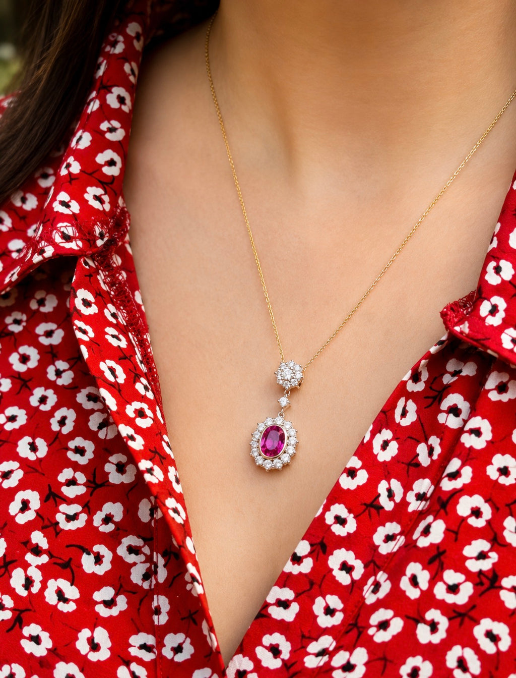 Certified Madagascar Pink Sapphire, Diamond Cluster Pendant Necklace 18K Gold