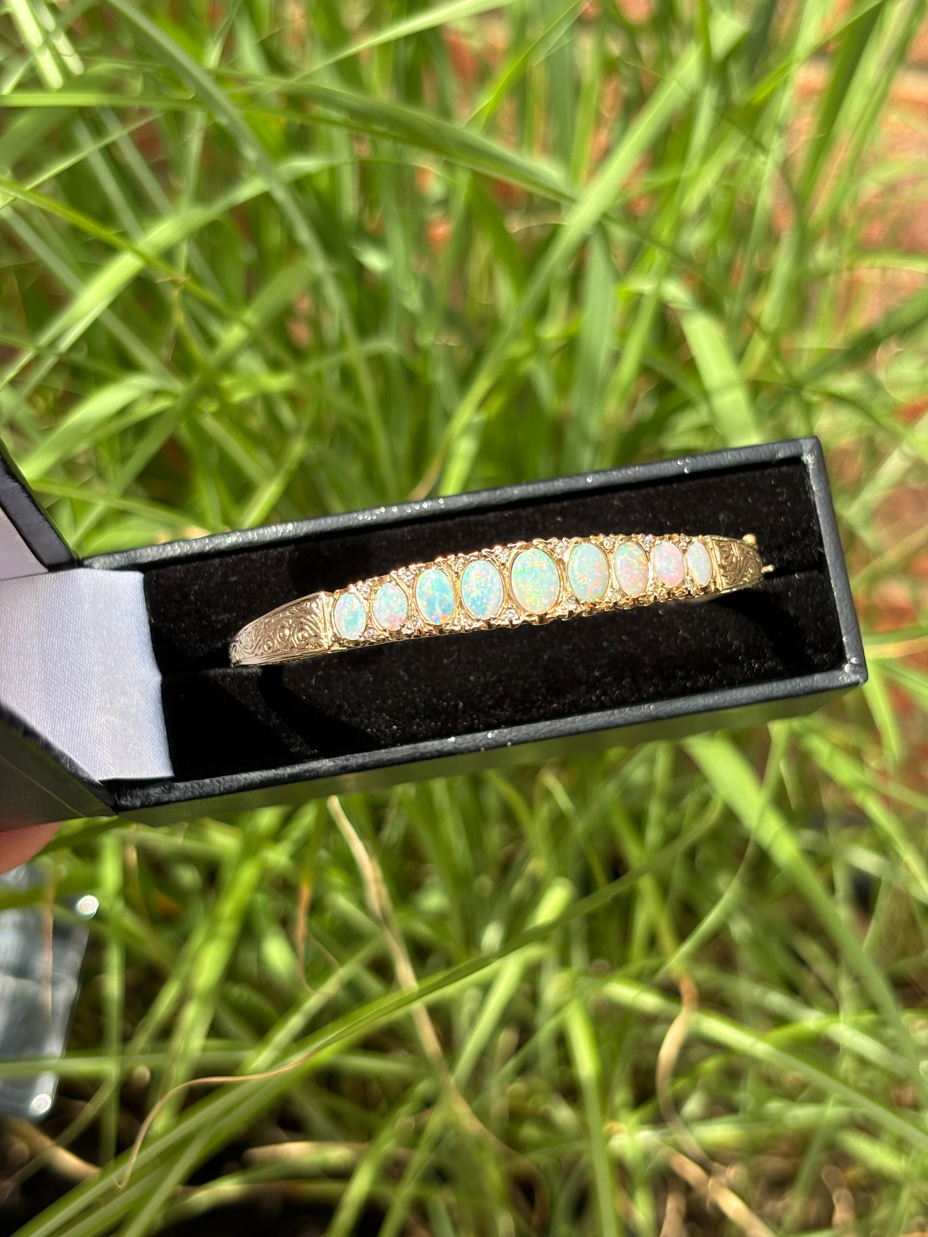Vintage English 9 Carat Gold Opal and Diamond Victorian Revival Hinged Bangle Bracelet, London Hallmarks