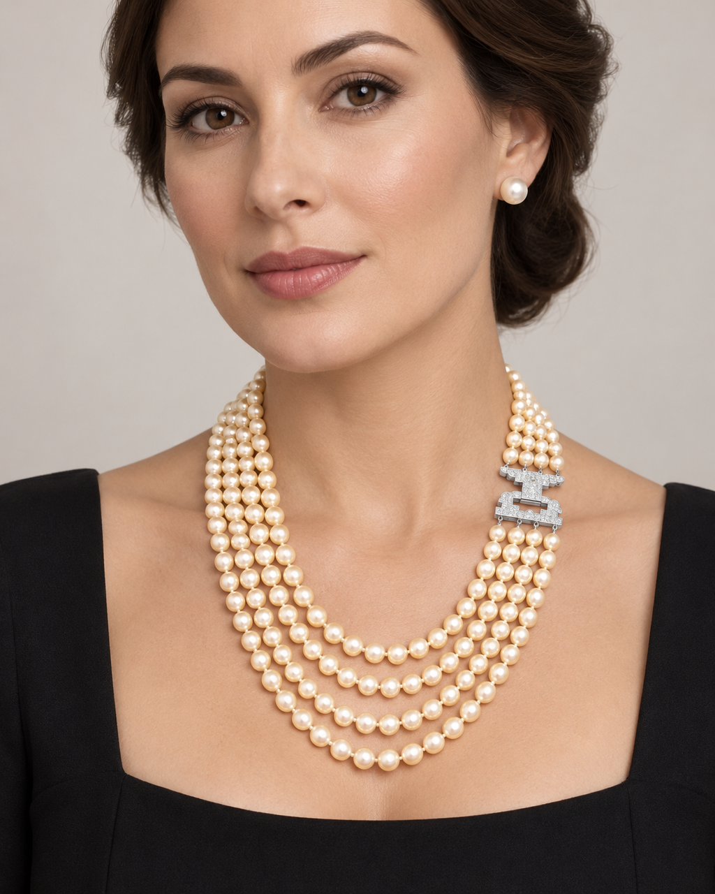 Long Vintage Four-Strand Akoya Pearl Necklace Art Deco Diamonds & Platinum Clasp 1950’s