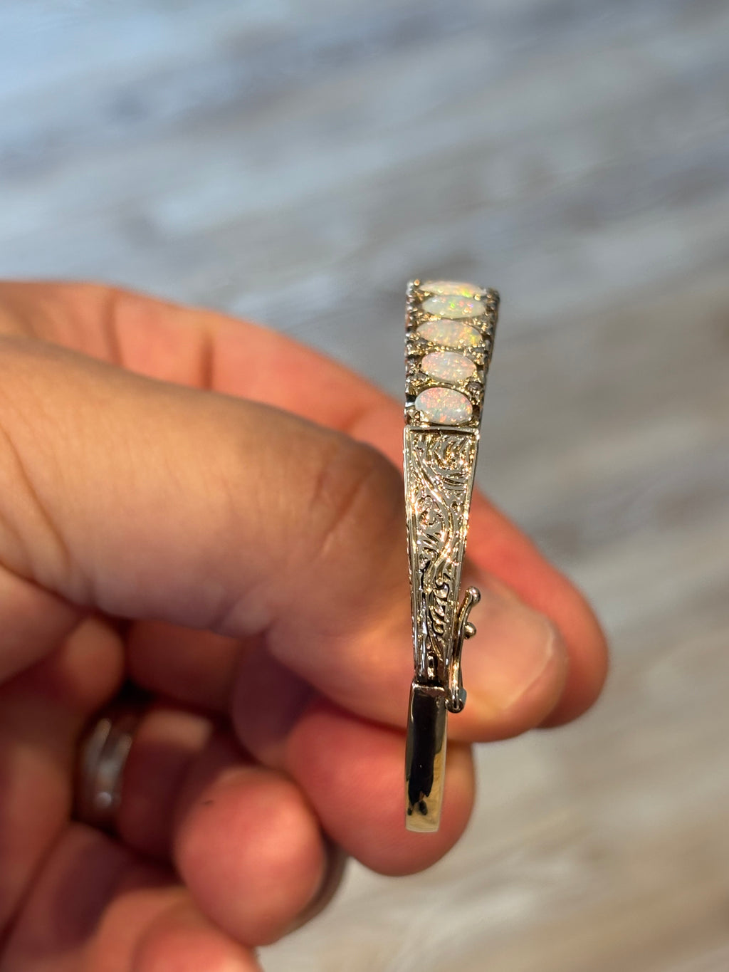 Vintage English 9 Carat Gold Opal and Diamond Victorian Revival Hinged Bangle Bracelet, London Hallmarks
