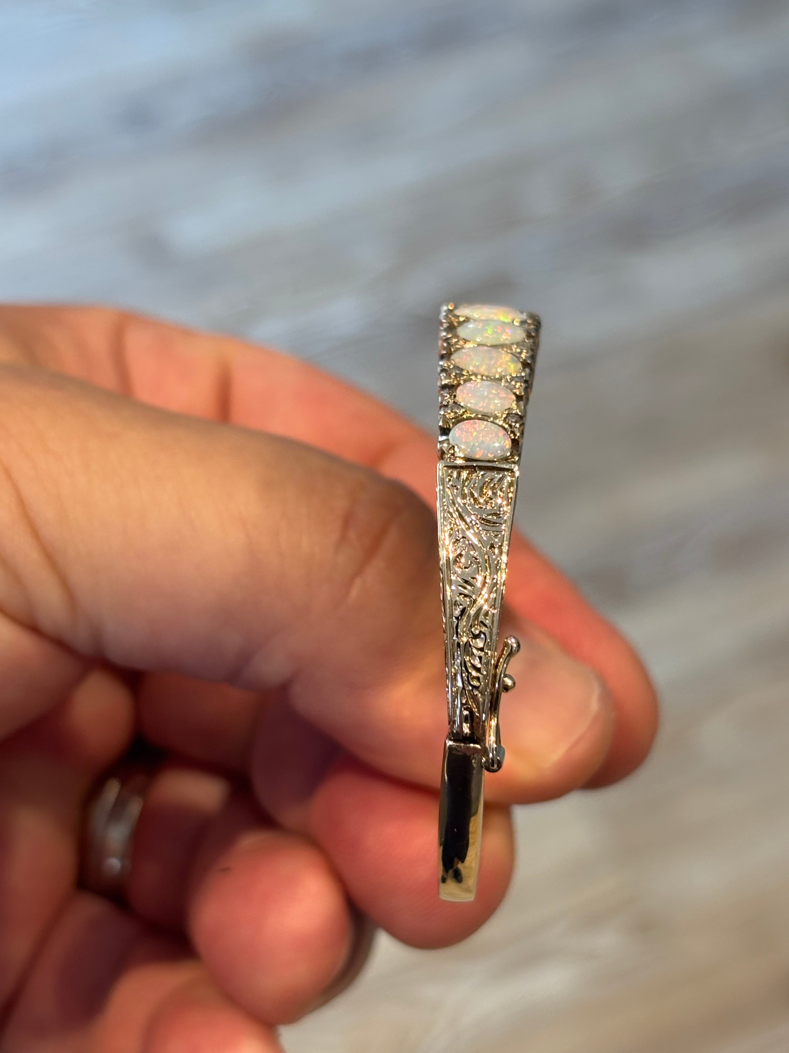 Vintage English 9 Carat Gold Opal and Diamond Victorian Revival Hinged Bangle Bracelet, London Hallmarks