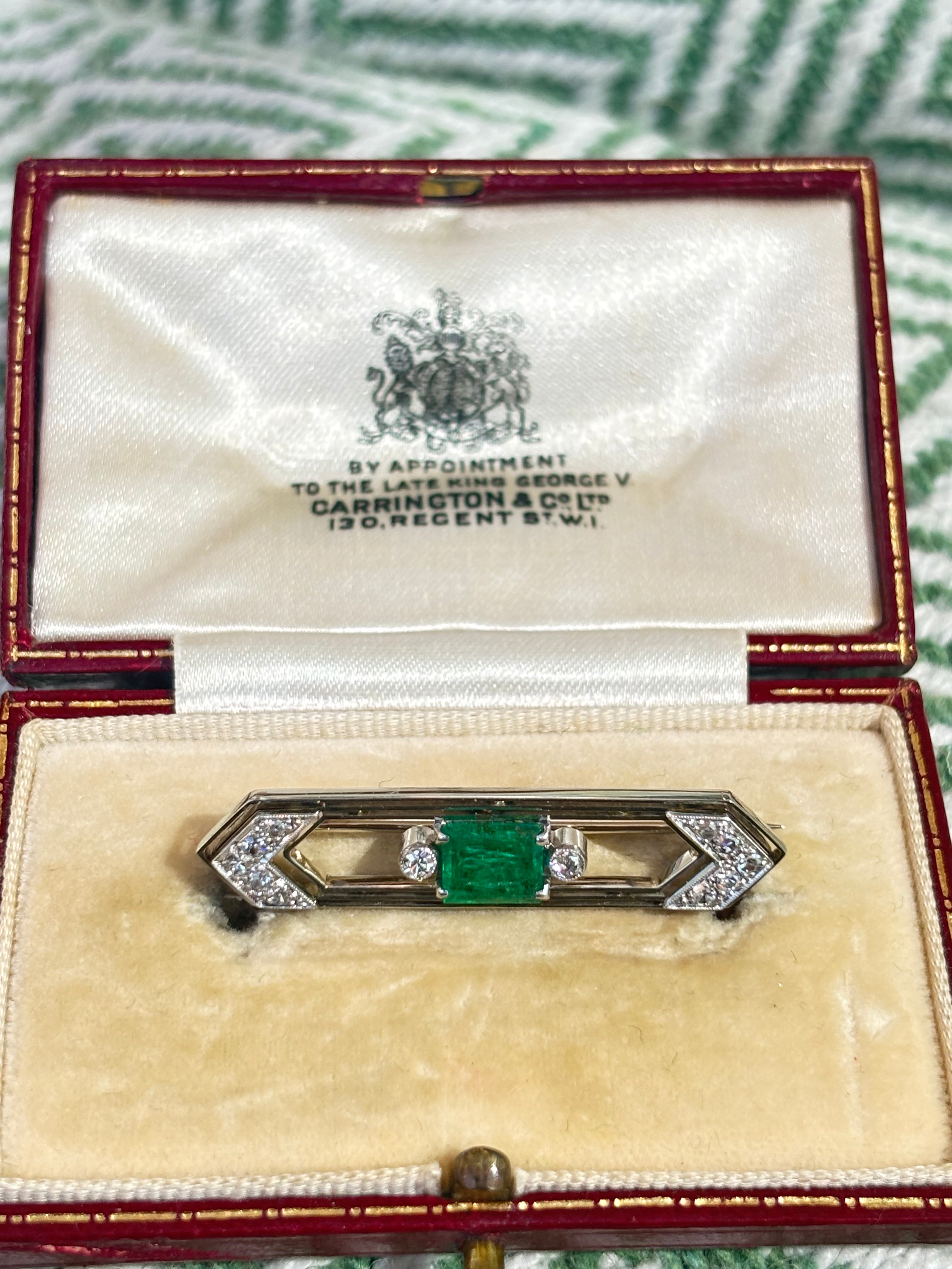 Art Deco Emerald Diamond Brooch, Carrington & Co. Fitted Case 1925-1935