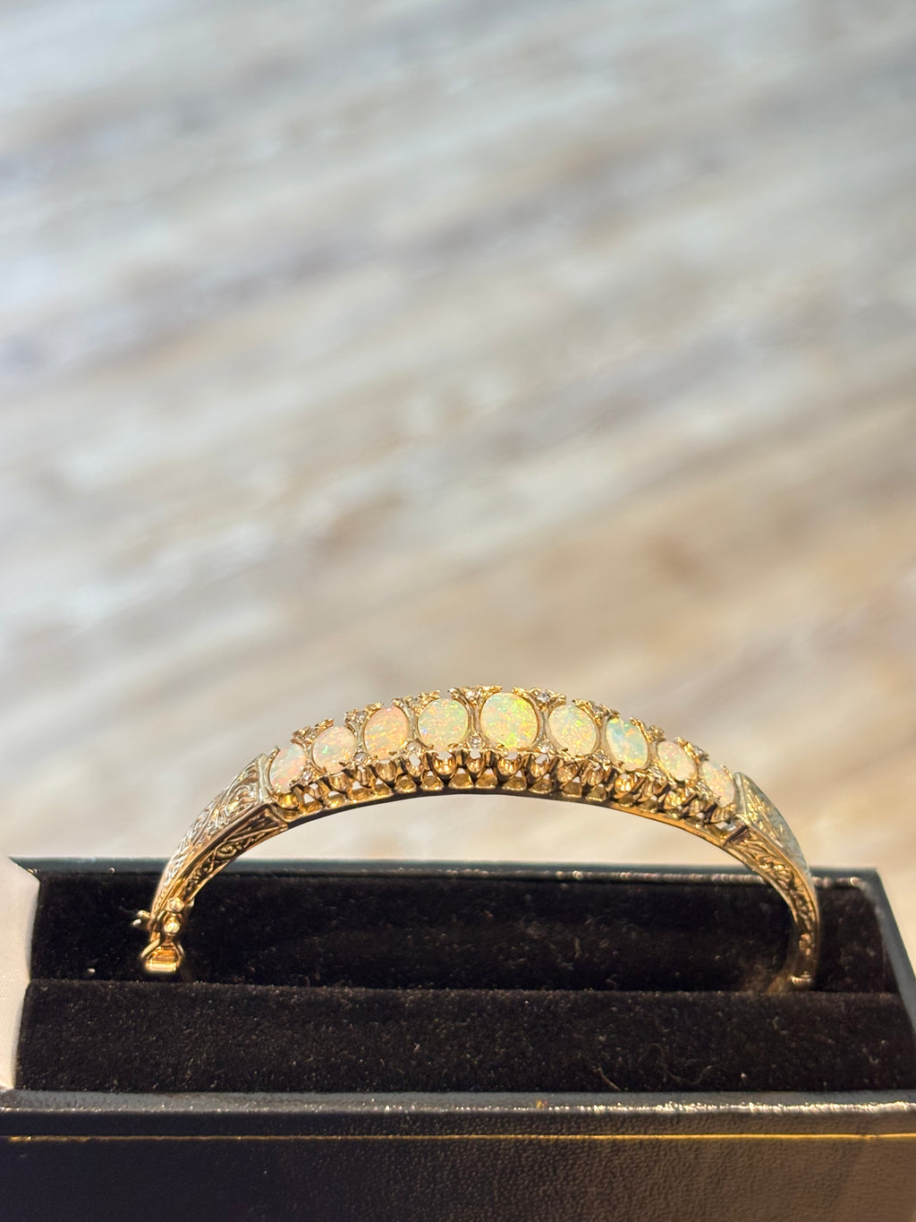 Vintage English 9 Carat Gold Opal and Diamond Victorian Revival Hinged Bangle Bracelet, London Hallmarks