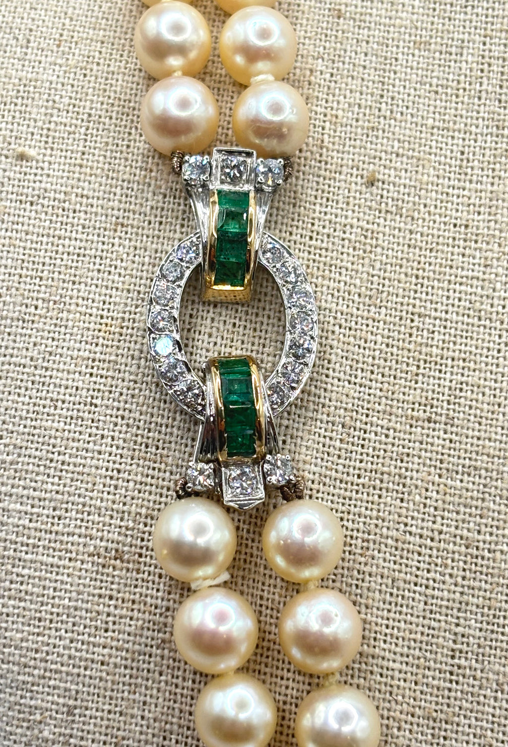 Exceptional Mid-Century Double-Strand Akoya Pearl Necklace 18K Gold Emeralds and Diamonds