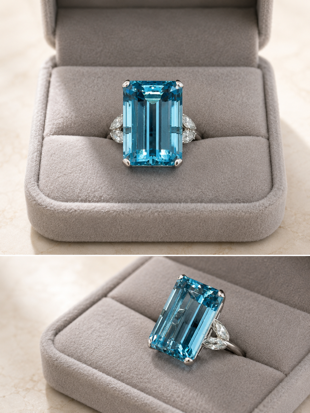 Impressive Large Aquamarine Cocktail Ring, 30 Carats, Art Deco style and 0.80 Marquise Diamonds in 18k White Gold