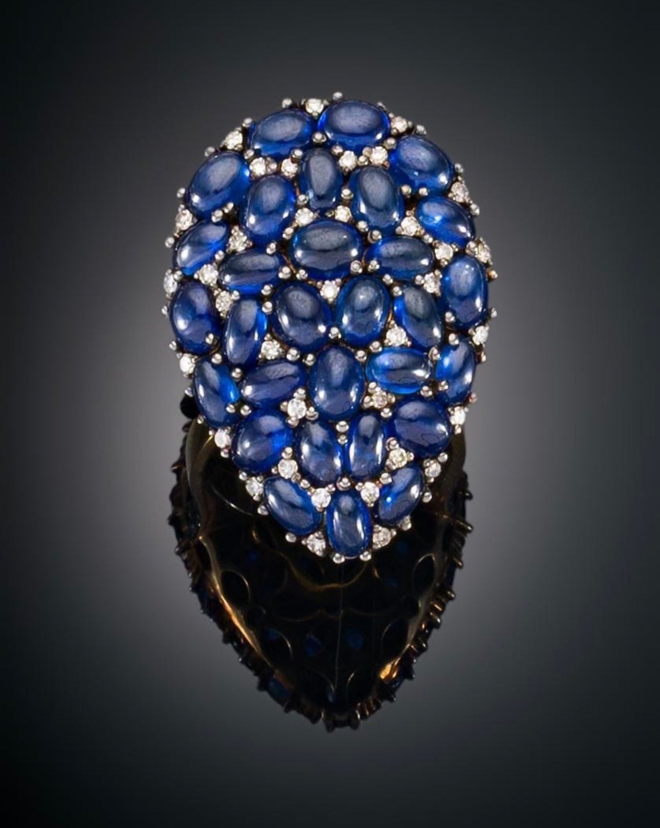 Natural Sapphire Cabochon and Diamond Statement Cocktail Ring, 13 Carats of Sapphires, 18K Gold & Silver