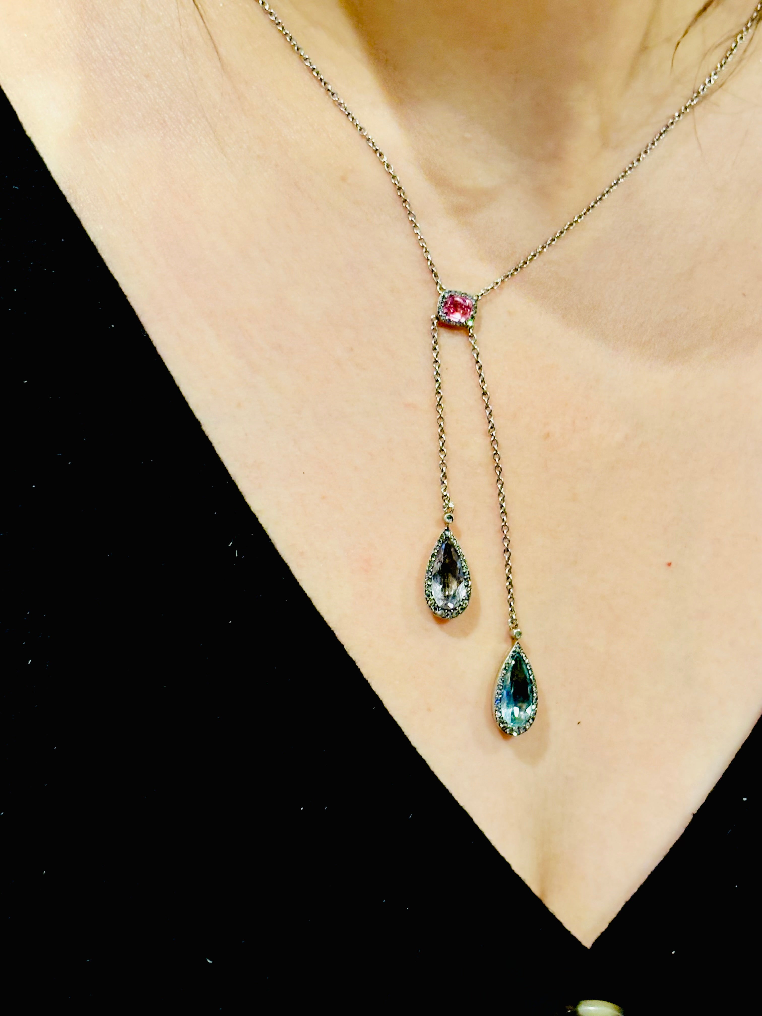 Antique French Edwardian Aquamarine, Pink Tourmaline, Morganite Diamond Negligee Necklace