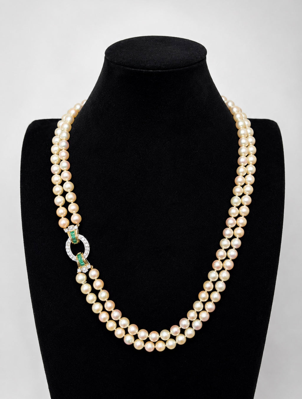 Exceptional Mid-Century Double-Strand Akoya Pearl Necklace 18K Gold Emeralds and Diamonds
