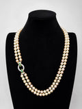 Exceptional Mid-Century Double-Strand Akoya Pearl Necklace 18K Gold Emeralds and Diamonds