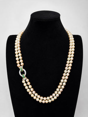 Exceptional Mid-Century Double-Strand Akoya Pearl Necklace 18K Gold Emeralds and Diamonds