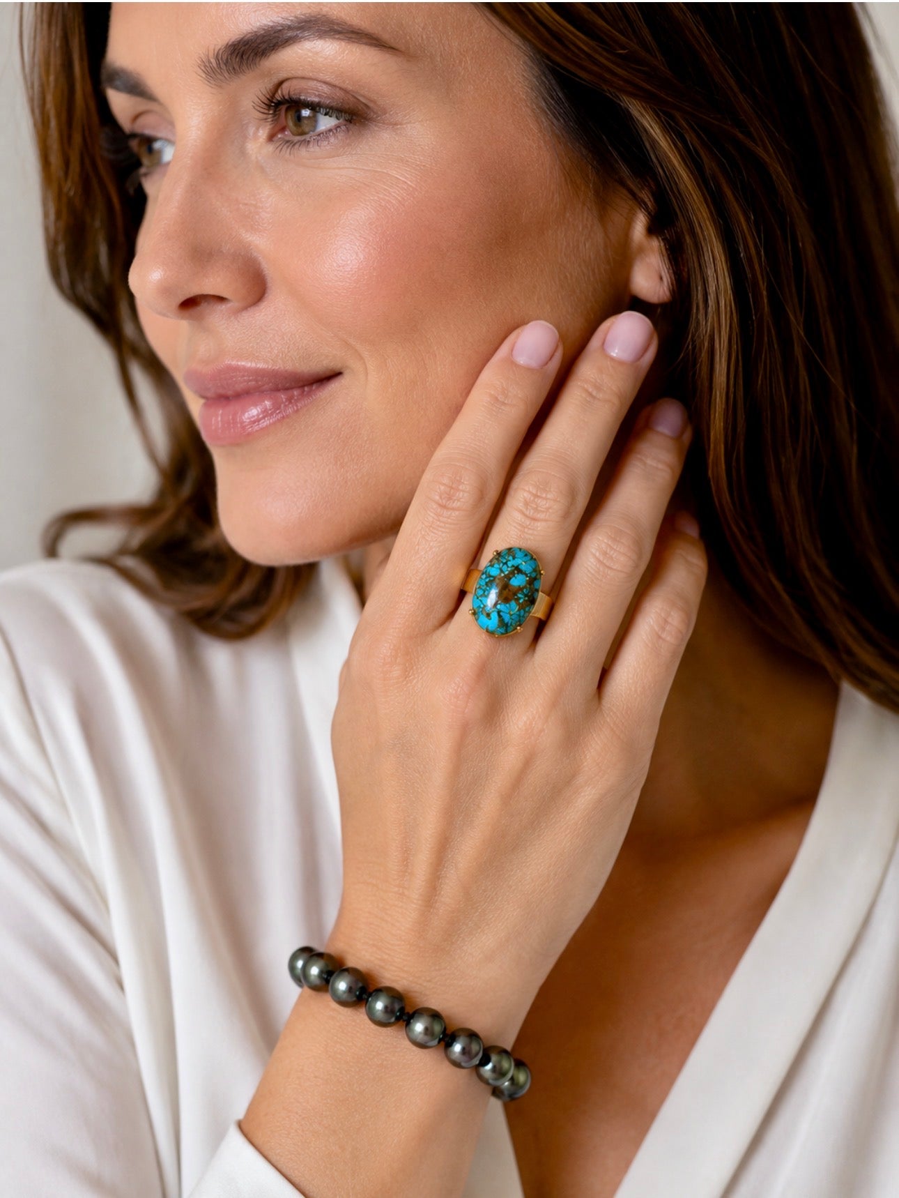 Vintage 18 Karat Gold Large Natural Turquoise Cabochon Statement Ring, Circa 1970