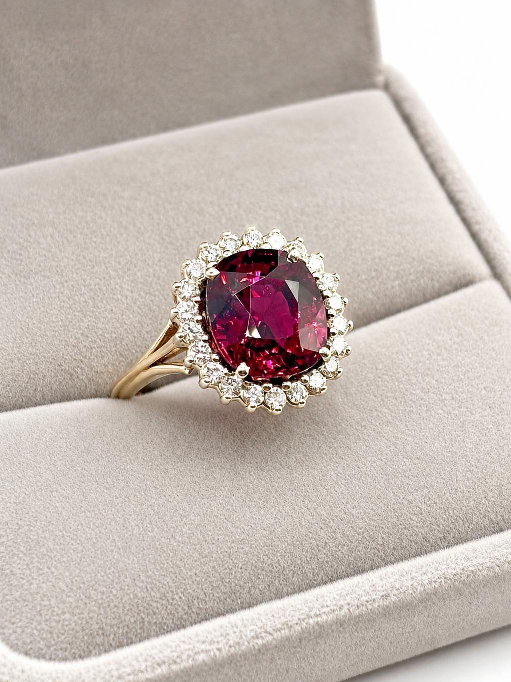 Exquisite Vintage Cocktail Ring 7.15 Carat Rhodolite Garnet with Diamonds in 18K Gold