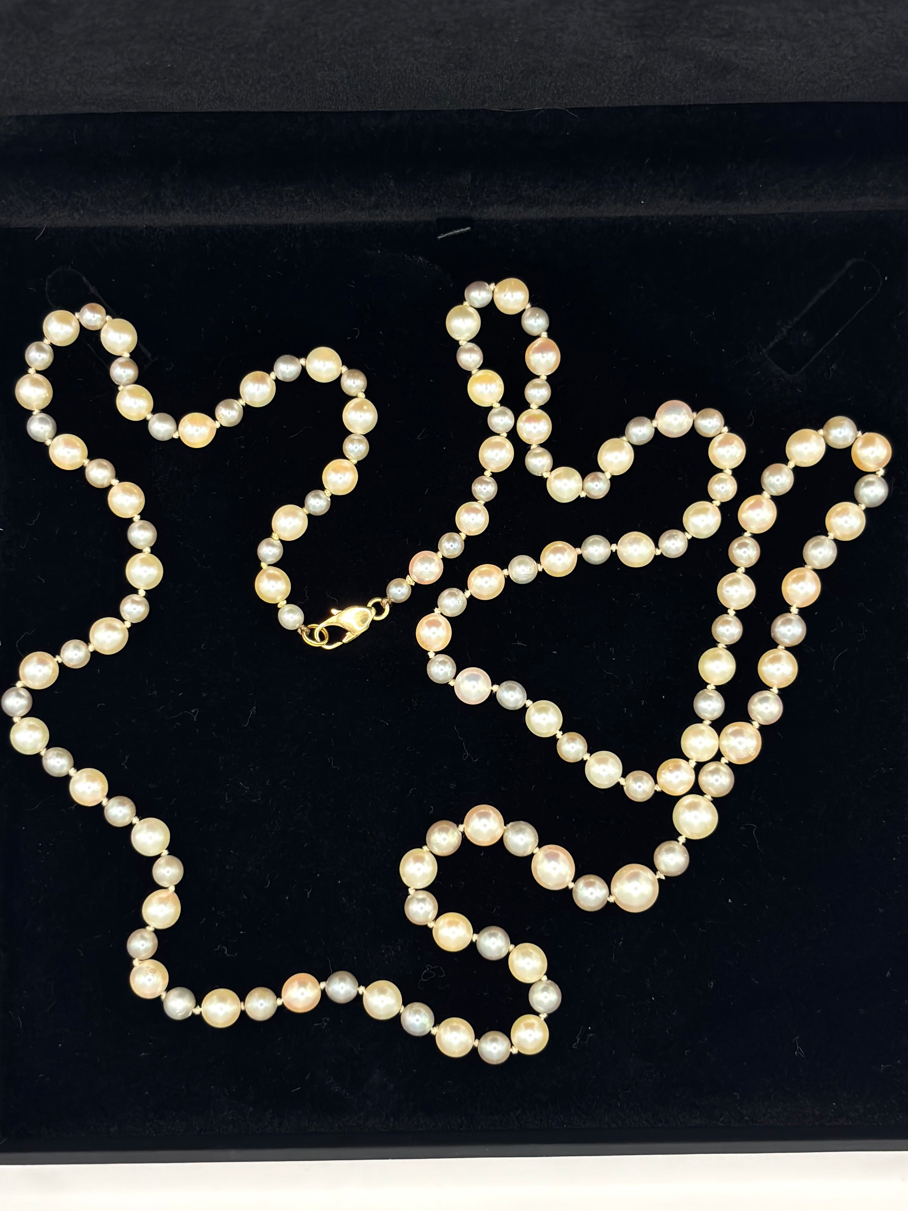 Vintage Two Tone Long Cultured Pearl Necklace 120 cm, 18K Gold Clasp - made in Italy