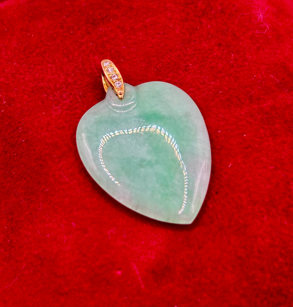 Natural Untreated Jadeite Jade Heart Pendant Diamonds 14K Gold GCS Certified