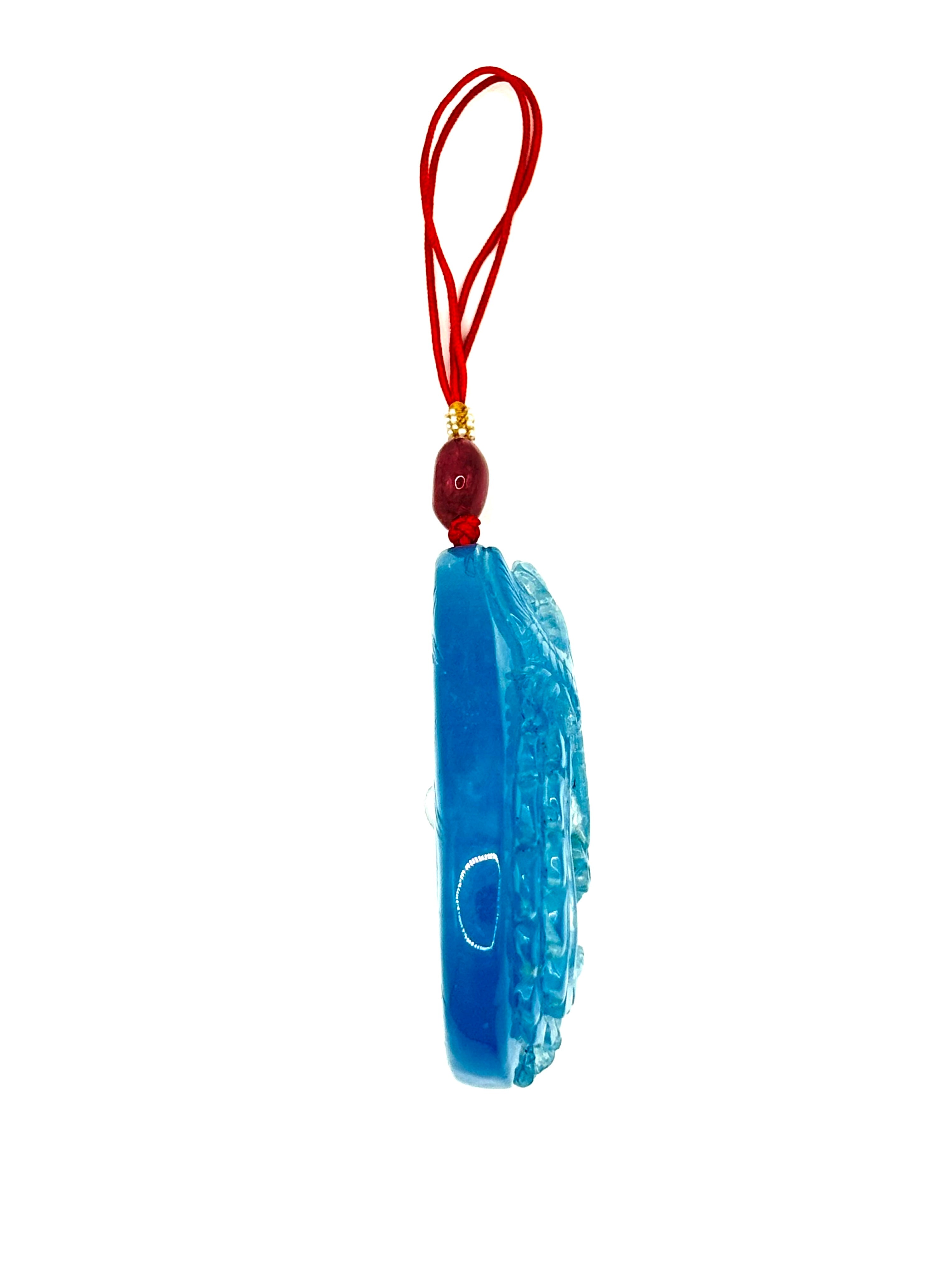Large Chinese Hand-Carved Aquamarine Pendant with Pink Tourmaline and Seed Pearls