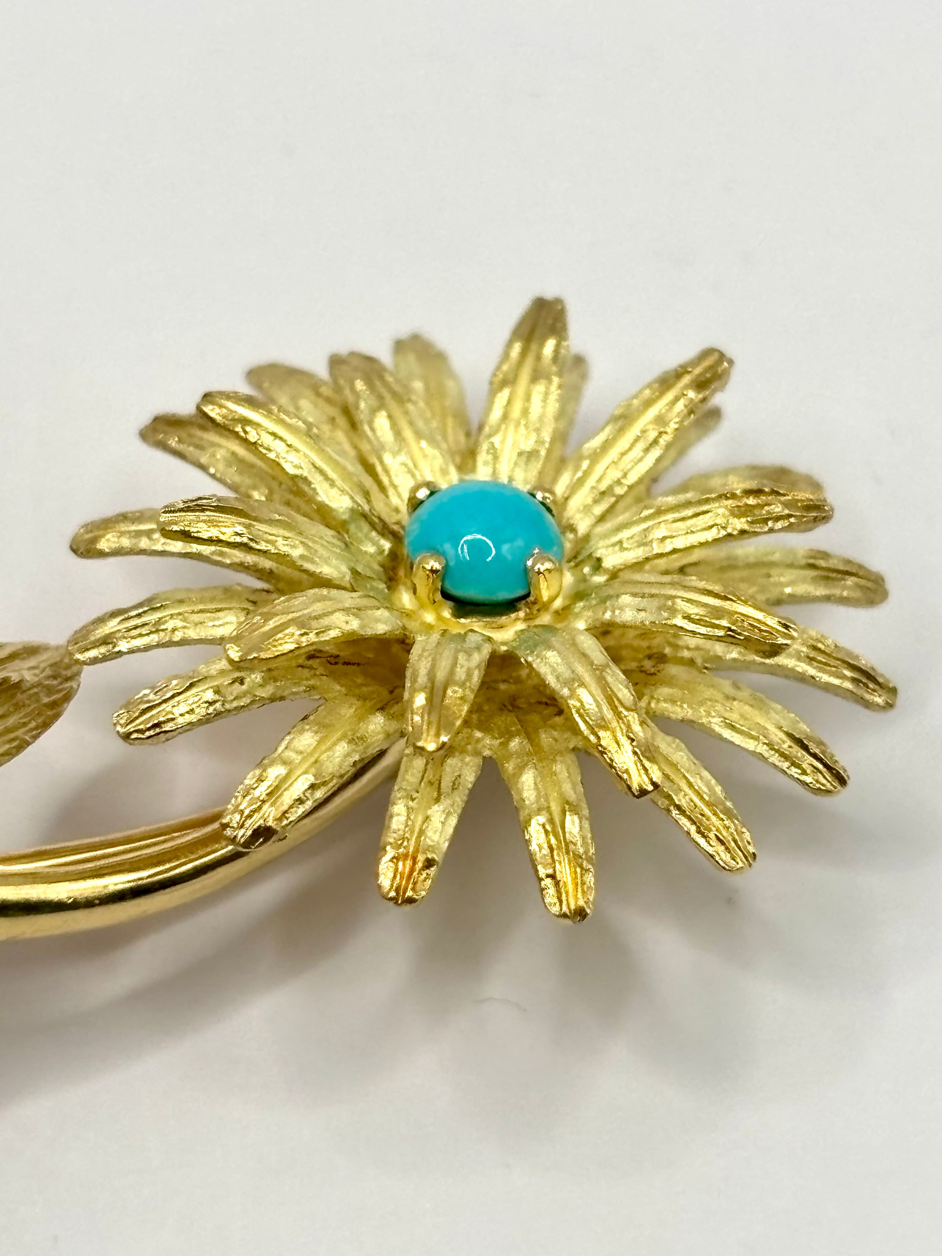 Vintage Tiffany & Co. France Turquoise Flower Brooch in Textured 18K Gold, 1960