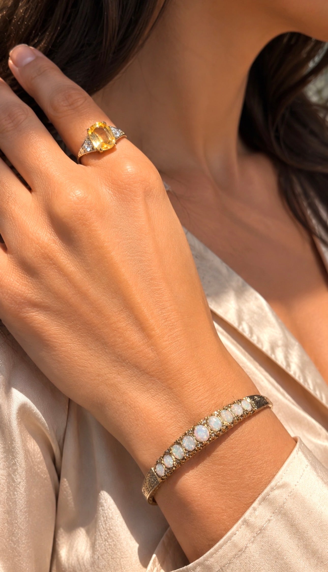 Vintage English 9 Carat Gold Opal and Diamond Victorian Revival Hinged Bangle Bracelet, London Hallmarks