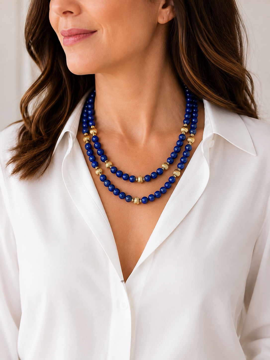 1980s Long Vintage Lapis Lazuli Bead Necklace 9 Carat Gold Fluted Spacers 100cm