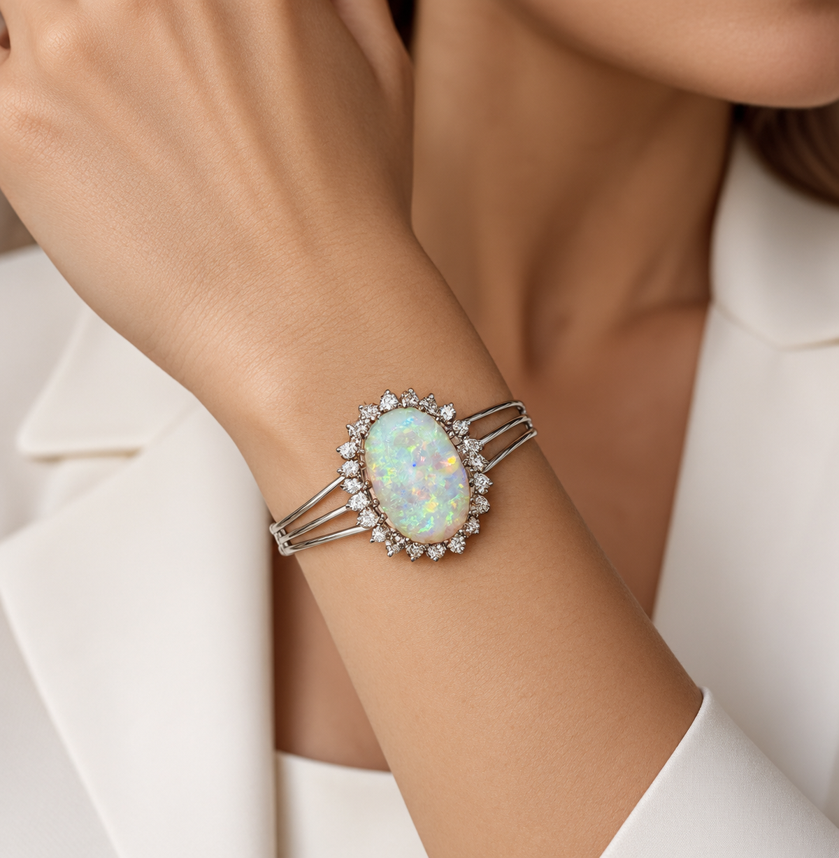 Vintage Opal Bangle 9.63 Carat Opal, 1.8 Carat Diamond 14K White Gold