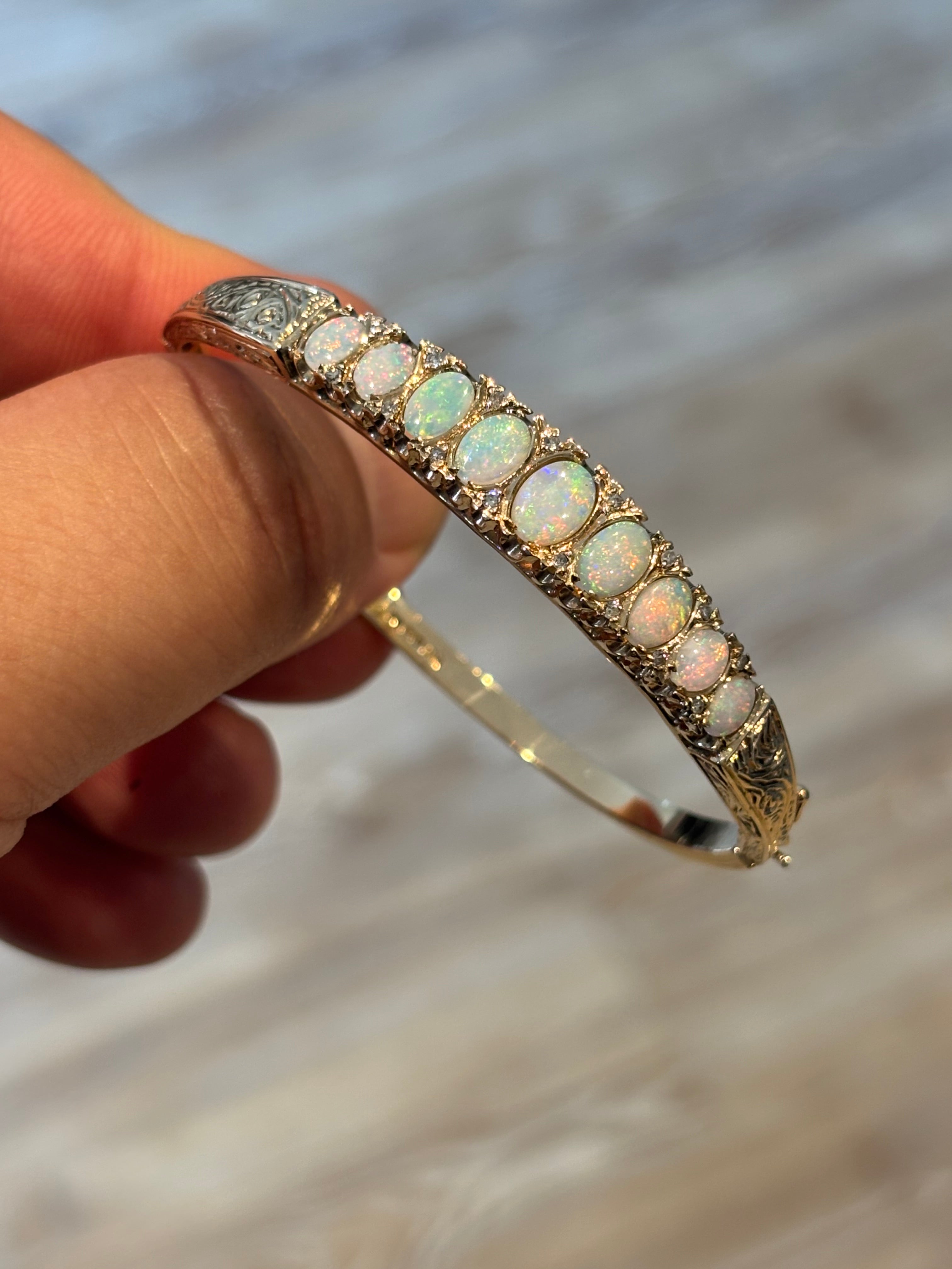 Vintage English 9 Carat Gold Opal and Diamond Victorian Revival Hinged Bangle Bracelet, London Hallmarks