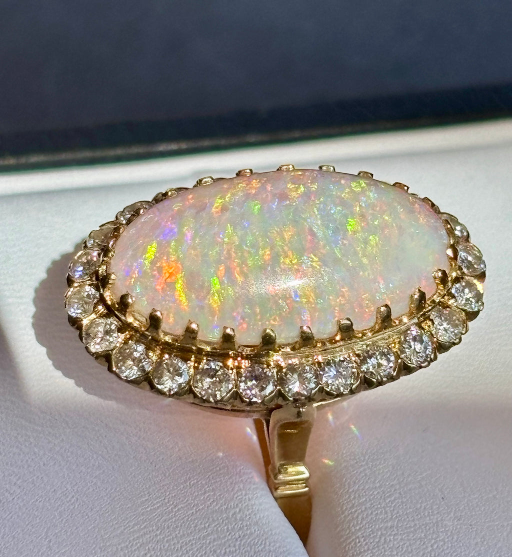 Vintage Large 8.50 carats Australian White Opal Diamond Cluster Ring in 18K Gold