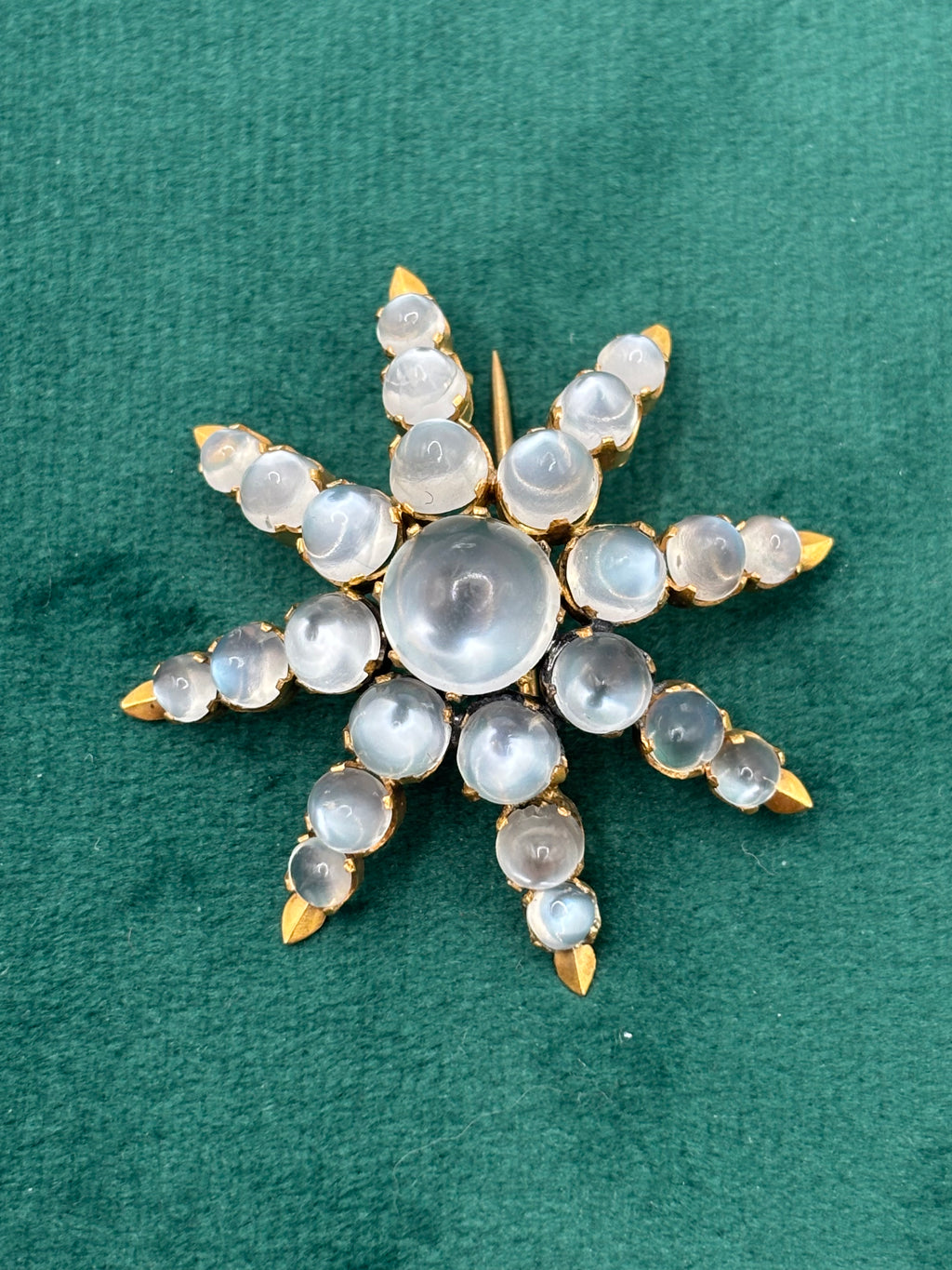 Antique Victorian 18K Gold Moonstone Eight-Ray Star Brooch, Circa 1890