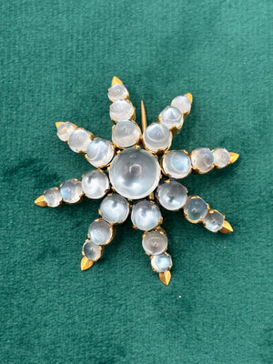 Antique Victorian 18K Gold Moonstone Eight-Ray Star Brooch, Circa 1890