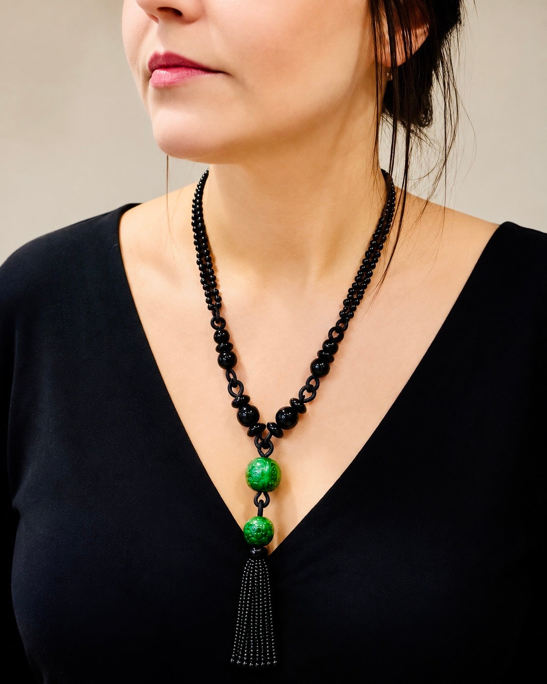 Vintage Long Carved Jadeite and Black Onyx Double-Strand Tassel Sautoir Necklace