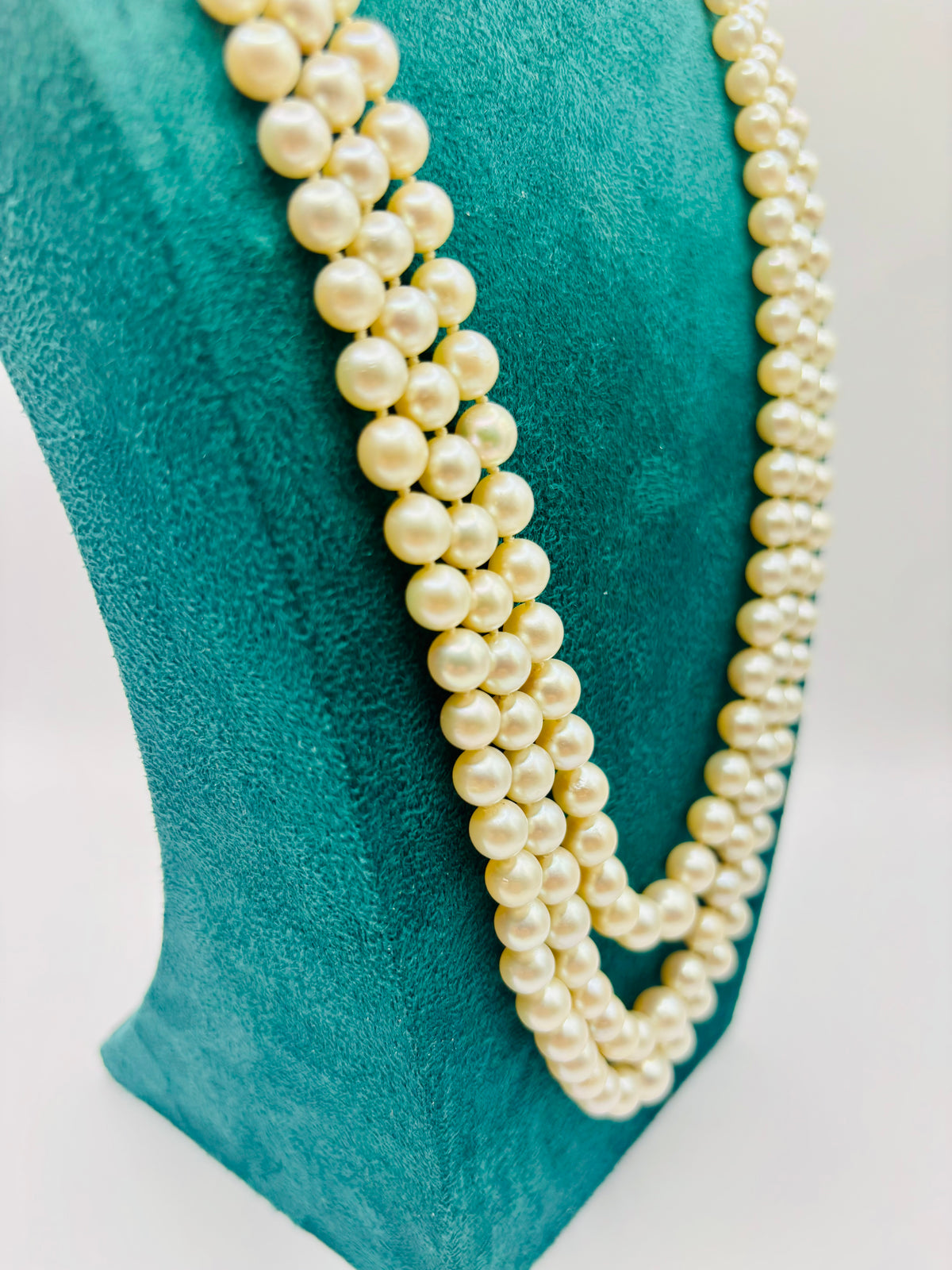 Three-Strand Japanese Akoya Pearl Necklace Late Victorian Diamond & Chrysoprase