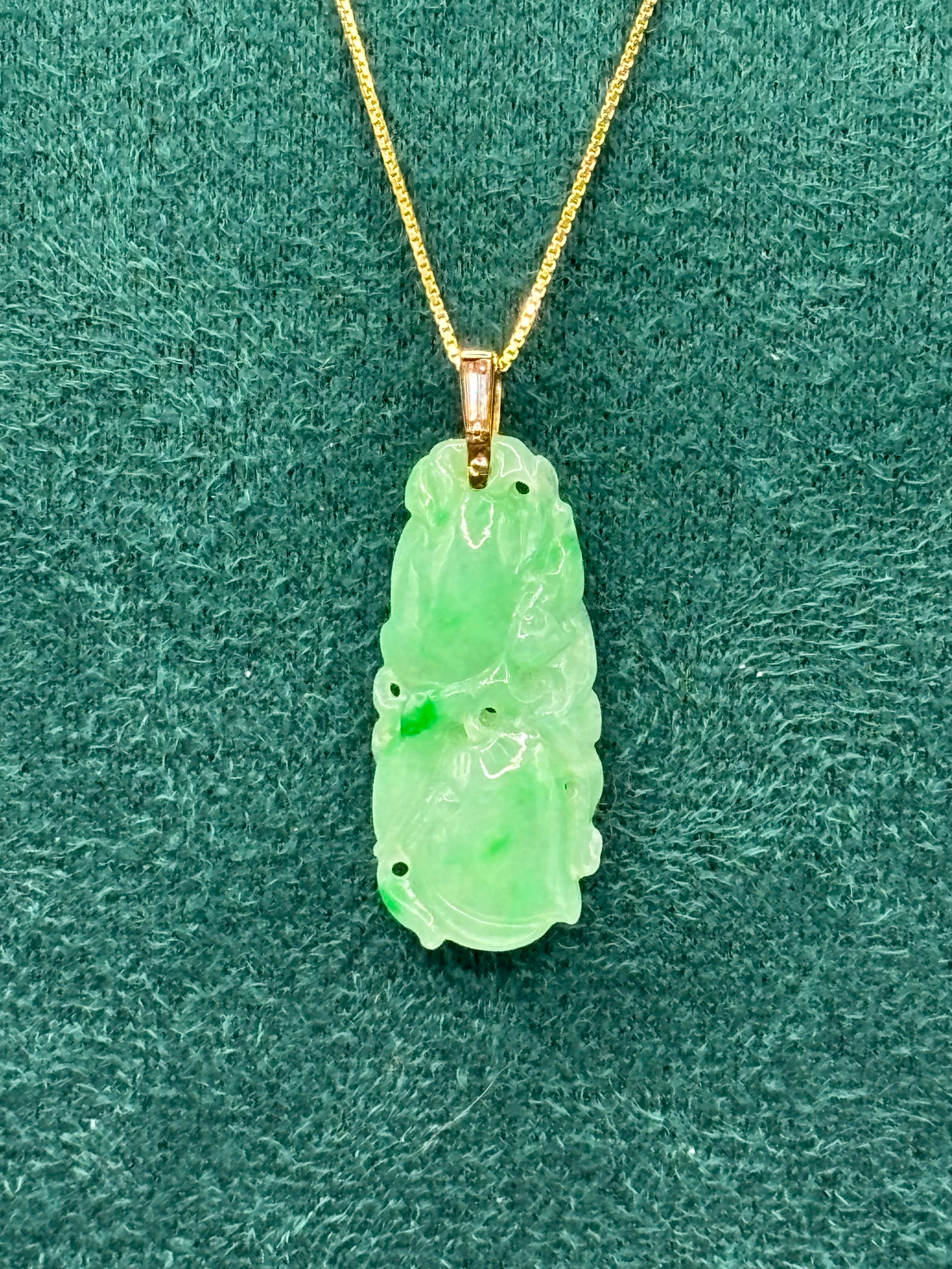 Natural Type A Jadeite Jade Carved Fruit Pendant, 14K Gold & Diamond, GCS Tested